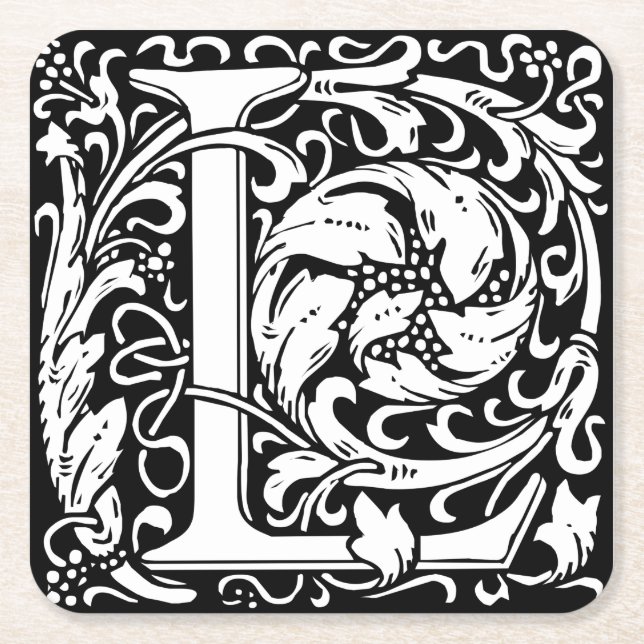 Letter L Medieval Monogram Art Nouveau Square Paper Coaster (Front)