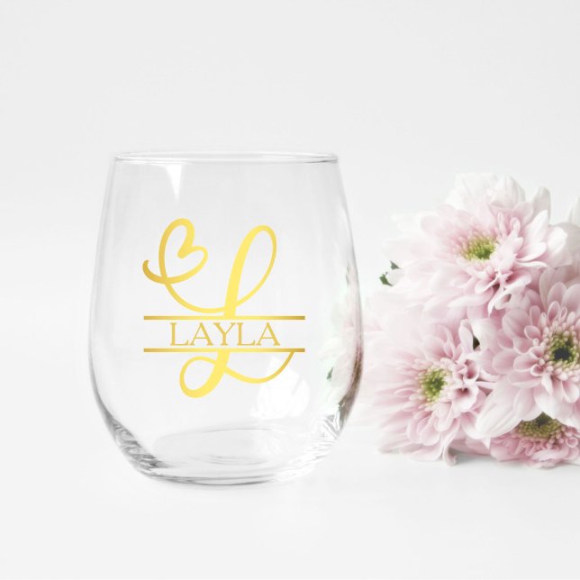 Letter L Monogram Bridesmaid Gift, Modern Elegant Stemless Wine Glass (stemless wine glass for a bridesmaid gift that has a gold split L monogram and customized with name)