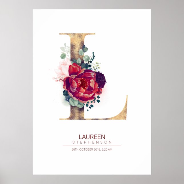 Letter L Monogram Floral Burgundy Red and Gold Poster (Front)