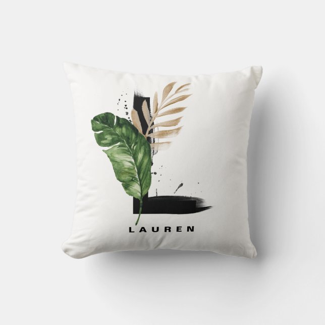Letter L Monogram Palm Leaves Tropical Throw Pillow (Front)