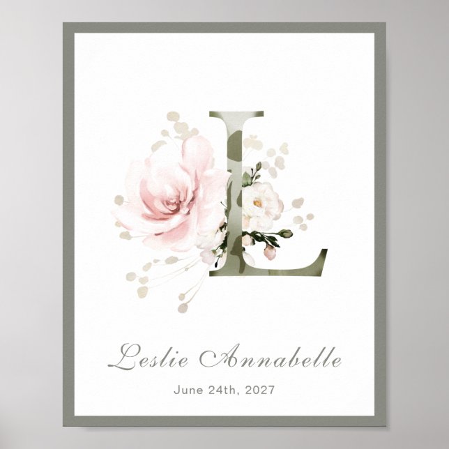 Letter L Monogram Pink White Floral Nursery Poster (Front)