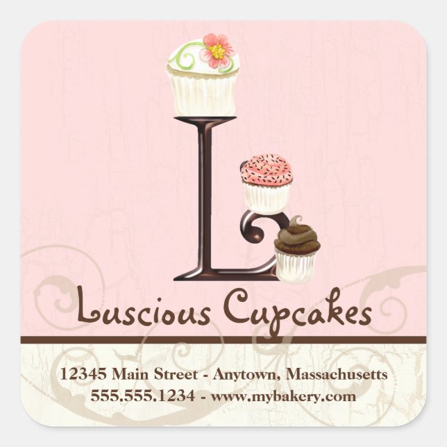 Letter L Monogram Watercolor Cupcake Business Box Square Sticker (Front)