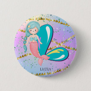 Letter L Monogram Watercolor Cute Mermaid Nursery 2 Inch Round Button