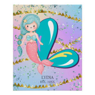 Letter L Monogram Watercolor Cute Mermaid Nursery Poster