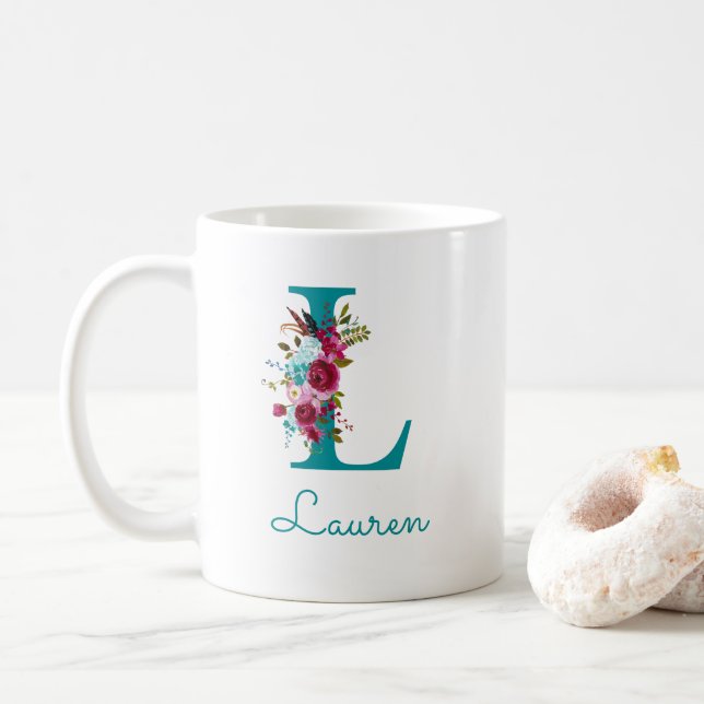 Letter L Teal Pink Floral Coffee Mug (With Donut)
