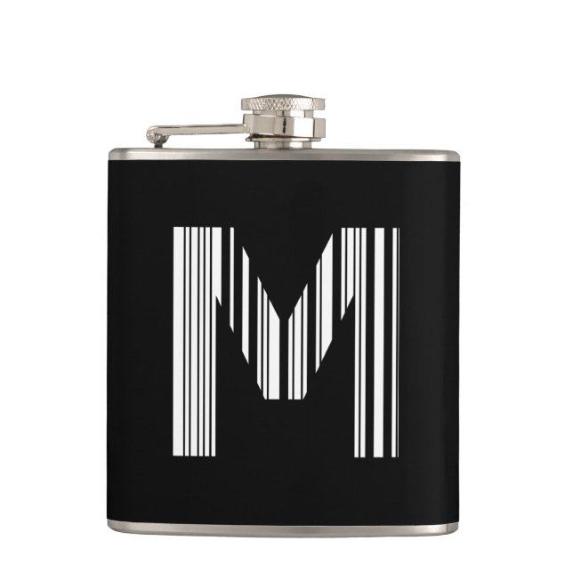 LETTER M BAR CODE First Initial Barcode Pattern Hip Flask (Front)