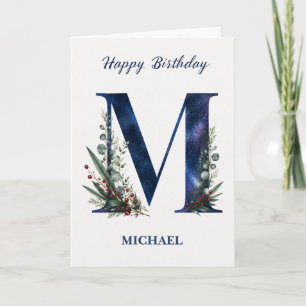 Letter M Birthday for Him Personalized Name Blue Card