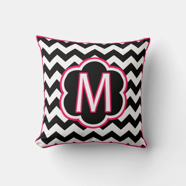 Letter M Black and White Chevron Monogram Throw Pillow (Front)