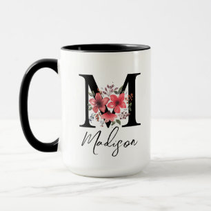Letter M Black Monogram Pink Floral Arrangement Mug