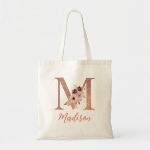 Letter M Blush pink Glitter Floral Monogram  Tote Bag