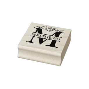 Letter M butterfly Leaves Split Monogram  Rubber Stamp