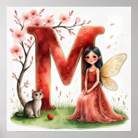 Letter M Cat Fairy Poster Feline Pet Alphabet Art