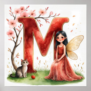 Letter M Cat Fairy Poster Feline Pet Alphabet Art