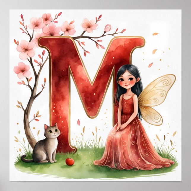 Letter M Cat Fairy Poster Feline Pet Alphabet Art (Front)