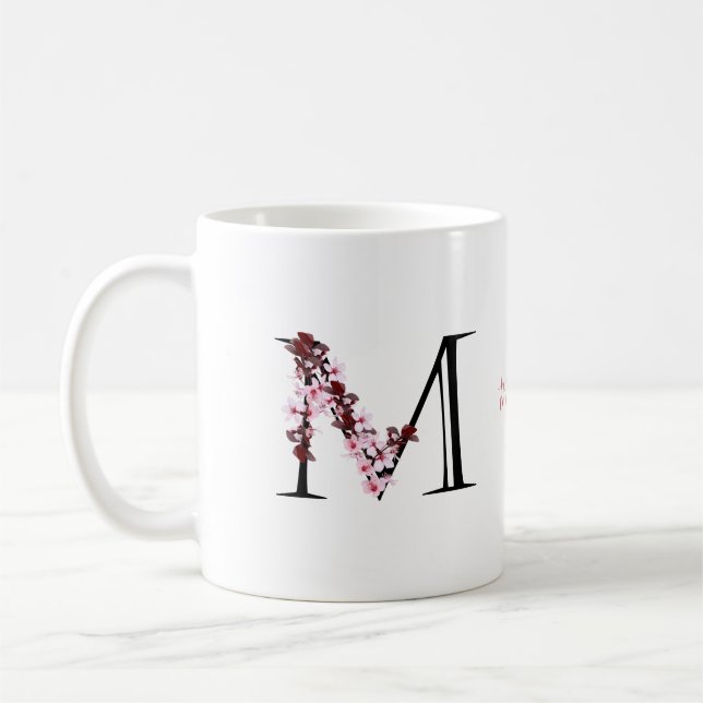 Letter M, Cherry Blossom | Monogram Script Name Coffee Mug (Left)