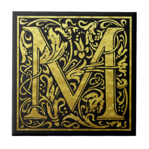 Letter M First Letter Faux Gold Black Tile