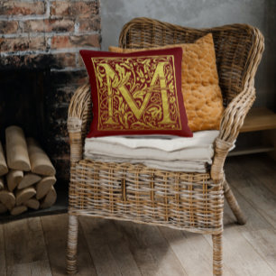 Letter M First Letter Faux Gold Red Throw Pillow
