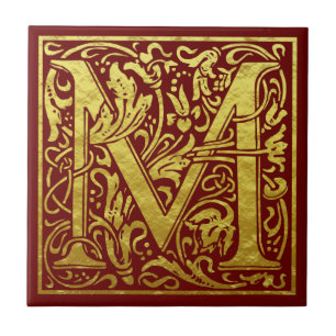 Letter M First Letter Faux Gold Red Tile