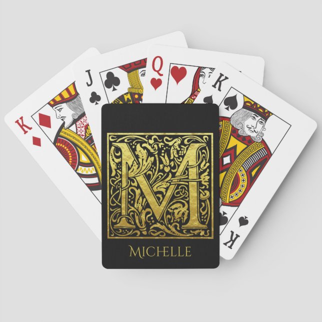 Letter M First Letter Gold on Black Playing Cards (Back)