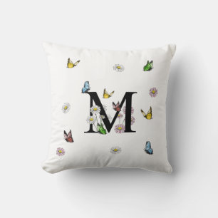 Letter M Floral Butterfly Monogram Initial  Throw Pillow