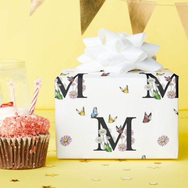 Letter M Floral Watercolor Butterfly Monogram Wrapping Paper (Birthday Party)