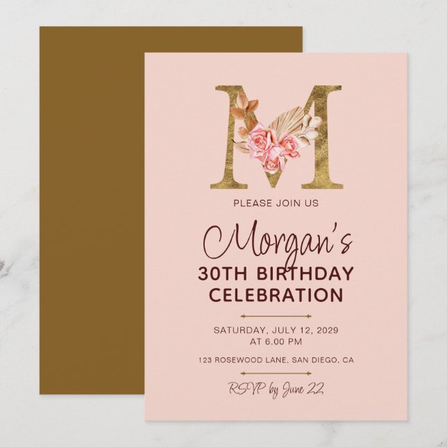 Letter M Gold Monogram Blush Pink Roses Invitation (Front/Back)