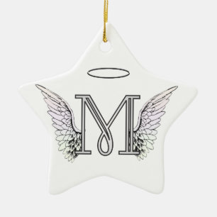 Letter M Initial Monogram with Angel Wings & Halo Ceramic Ornament