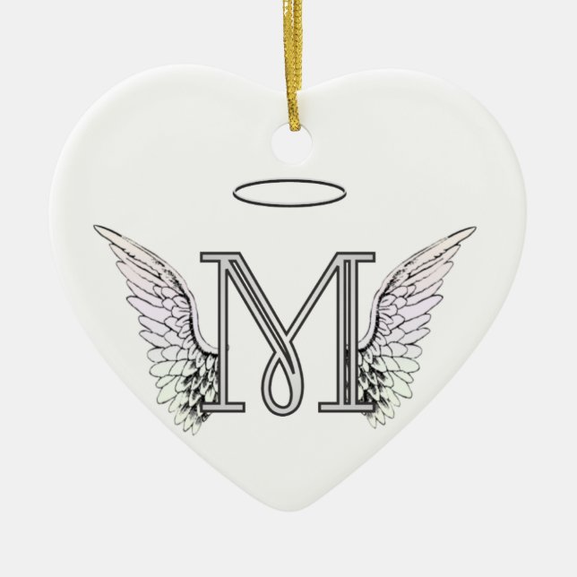 Letter M Initial Monogram with Angel Wings & Halo Ceramic Ornament (Front)