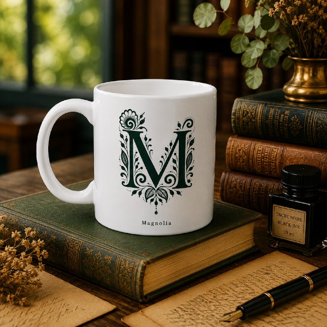 Letter M Linocut Botanical Personalized Mug (Creator Uploaded)