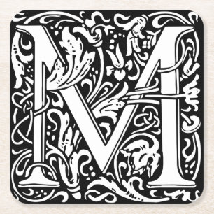 Letter M Medieval Monogram Art Nouveau Square Paper Coaster