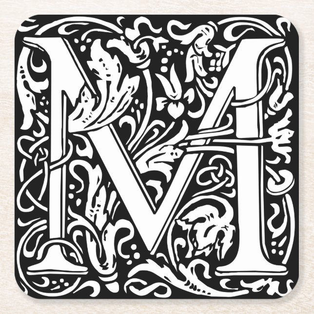 Letter M Medieval Monogram Art Nouveau Square Paper Coaster (Front)