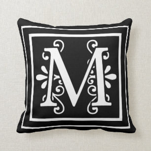 Letter M Monogram Black Throw Pillow