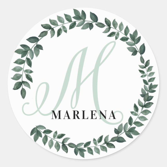 Letter M Monogram Custom Name Minimalist Botanical Classic Round Sticker (Front)