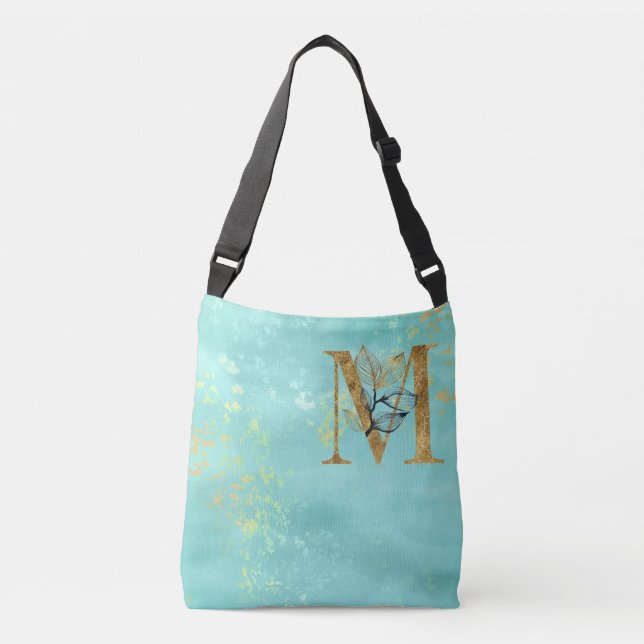 *~ LETTER M - Monogram Gold Glitter Turquoise Blue Crossbody Bag (Front)