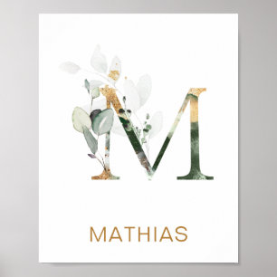 Letter M Monogram Green & gold foliage Nursery Poster