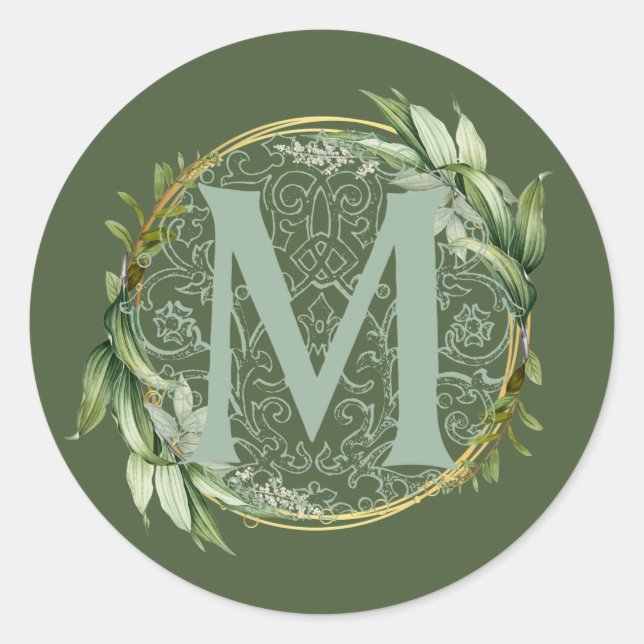 Letter M Monogram Initial Botanical Green Leaves Classic Round Sticker (Front)