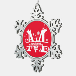 Letter M Monogram Initial Family Name Greeting   Snowflake Pewter Christmas Ornament