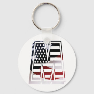 Letter M Monogram Initial Patriotic USA Flag Keychain