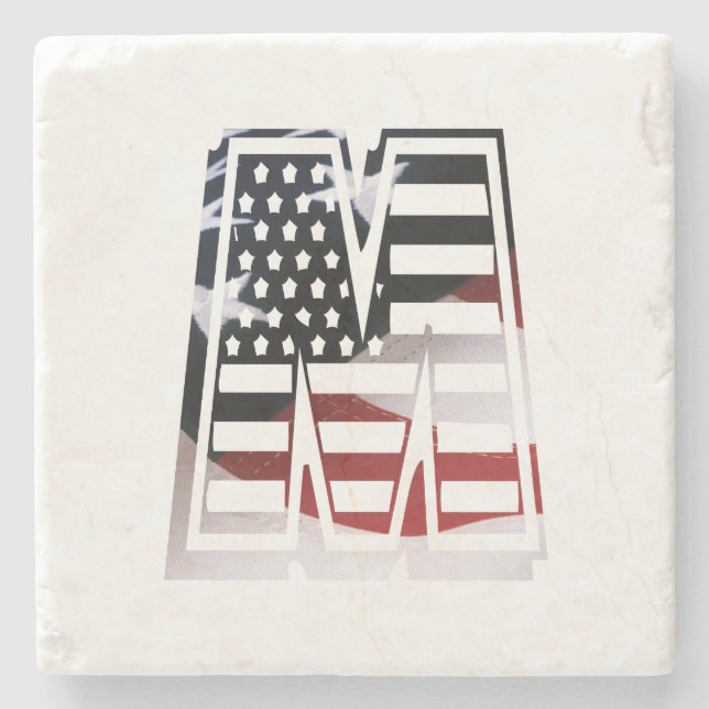 Letter M Monogram Initial Patriotic USA Flag Stone Coaster (Front)