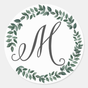 Letter M Monogram Minimalist Botanical Leaf Wreath Classic Round Sticker