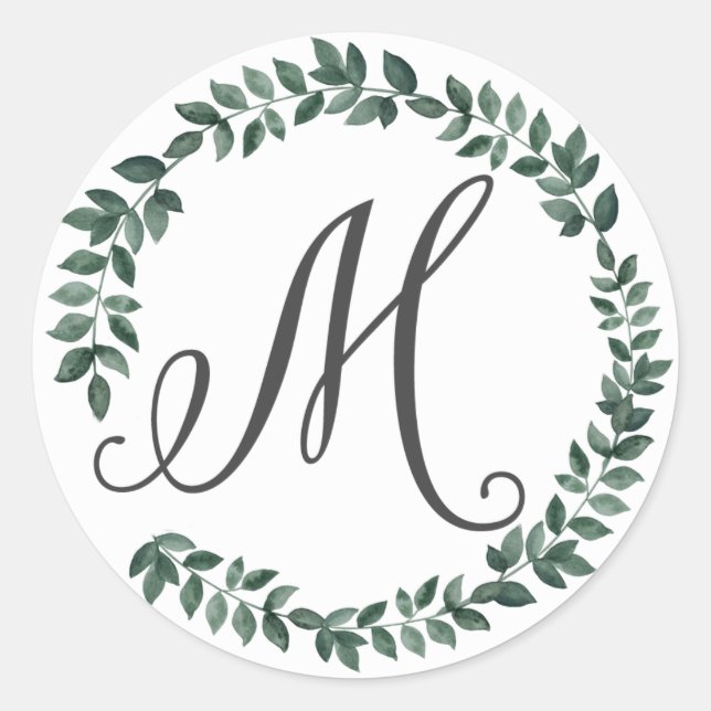Letter M Monogram Minimalist Botanical Leaf Wreath Classic Round Sticker (Front)