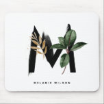 Letter M Monogram Tropical Leaves Personalized Mouse Pad<br><div class="desc">Customizable letter M monogram mousepad featuring watercolor tropical palm leaf,  faux gold foil leaf and black watercolor brush accents. Personalize this tropical monogram mousepad by your name or other details. This boho letter M monogram mousepad will be perfect as a gift. Other letters are available.</div>