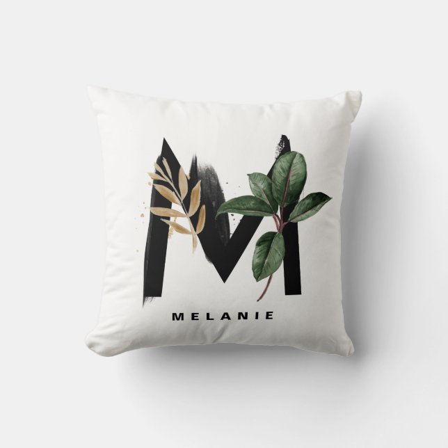 Letter M Monogram Tropical Leaves Personalized Throw Pillow (Front)