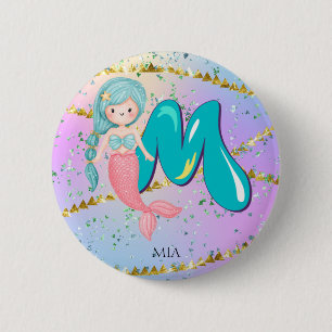 Letter M Monogram Watercolor Cute Mermaid Nursery 2 Inch Round Button