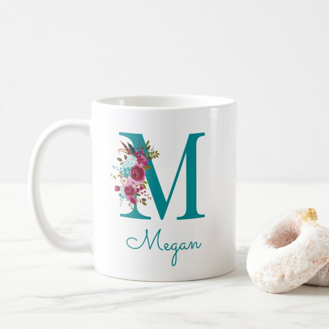 Letter M Teal Pink Floral Coffee Mug (With Donut)