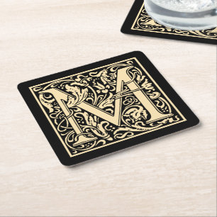 Letter M Vintage First Letter Sepia Beige on Black Square Paper Coaster