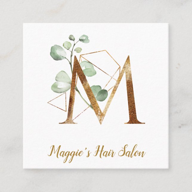 Letter M with Gold Geometric Design and Flowers Square Business Card (Front)