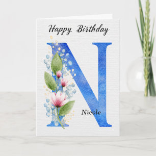 Letter N Birthday Custom Name Her Blue Monogram Card