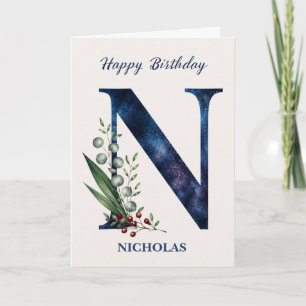 Letter N Birthday for Him Personalized Name Blue Card