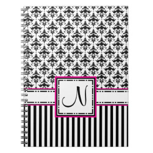 Letter N Black and Hot Pink Monogram Damask Notebook